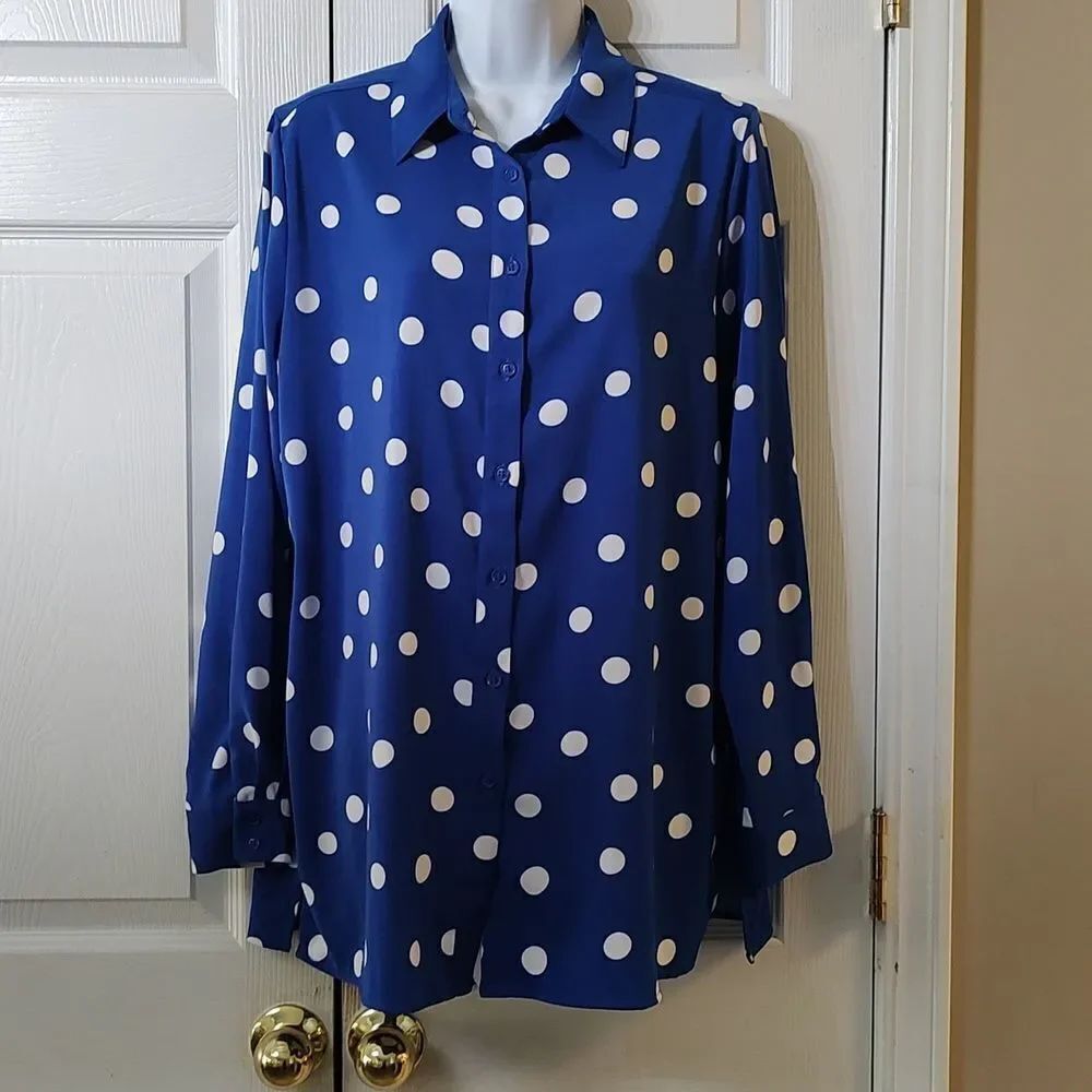 Susan Graver royal blue, white polka dot button down blouse Sz S NWOT